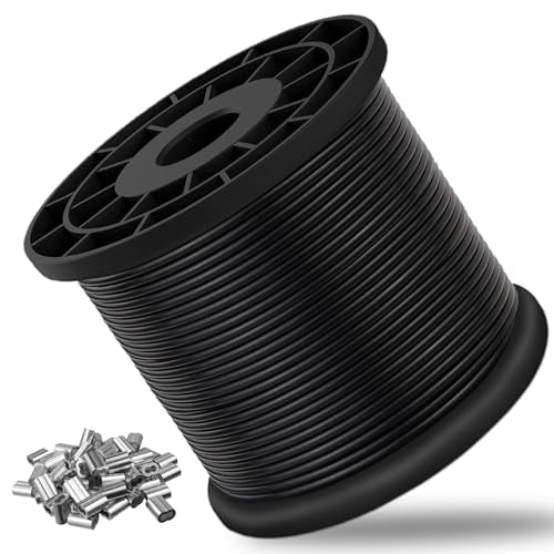 Vinyl Coated Wire Rope 304 Stainless Steel Coated Wire Cable-Black, 1/16" OD to 3/32" x700FT, with 250 Pcs Crimping Sleeves-Cable for String Lights, Suitable for Clotheslines - size: 700FT