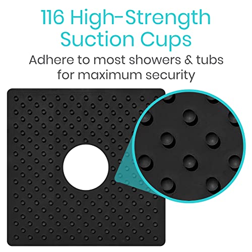 Vive Shower Mat - 22" by 22" Square Non Slip Large Bath Mat for Bathtub - Patented Design - Suction Cup Traction Skid Pad for Stalls Floors Tub - Textured Rubber with Drain Hole - color: Midnight Black