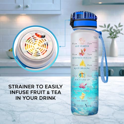 Mermaid 32oz Water Bottle with Time Marker, Cute Fairytale Ocean Design, Refillable Drinking Bottle with Lid Strap, Kawaii Gift for Women Teen Girls - color: Mermaid