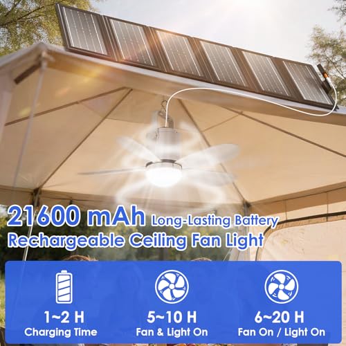 21” Solar Ceiling Fan Light with Foldable Solar Panel, Portable Solar Camping Fan Light Outdoor with Remote, Battery Operated Canopy Hanging Fan, for Outside Tent Porch Patio RVs Pergola - size: 21" Ceiling Fan M