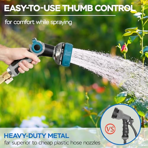 Heavy Duty Garden Hose Nozzle - 10 Spray Patterns, Thumb Control Water Pressure, Semi-Metal Construction Ergonomic Anti-Slip Handle, hose nozzle for Watering Plants, Car Wash, Pet Shower
