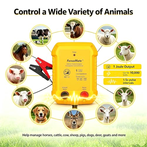 FenceMate Battery Powered Electric Fence Charger Output 1J up to 25 Miles | to Contain Livestock, Poultry, Fencer to Protect Paddock, Pond, Homestead, Orchard, Peak 10 kV, Low Impedance Fence Energizer - style: 1J, 12V battery not included