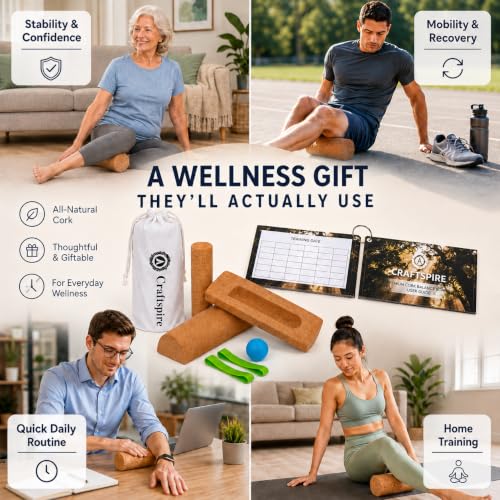 Cork Balance Board 4-in-1 Foot and Ankle Strengthener Kit | Natural cork kit with roller, ball, toe bands, guide and log for foot strength, ankle stability, mobility and balance