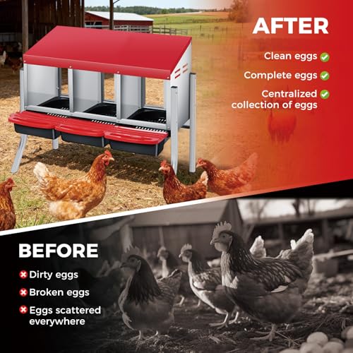 3 Hole Chicken Nesting Box - Heavy Duty Metal Chicken Laying Box, Easy Egg Collection & Cleaning with Removable Tray for Poultry Coop, Backyard, Farm, with Bracket Legs - color: red, size: 3 holes with legs