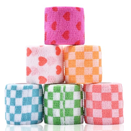 6 Roll 2 Inch x 5 Yards Checkered and Heart Print Pet Vet Wrap for Dogs Cats, Cohesive Bandages in Bulk, Non-Woven Self Adhesive Bandages Wrap Roll for Animals Wound Care, Ankle Sprains and Swelling