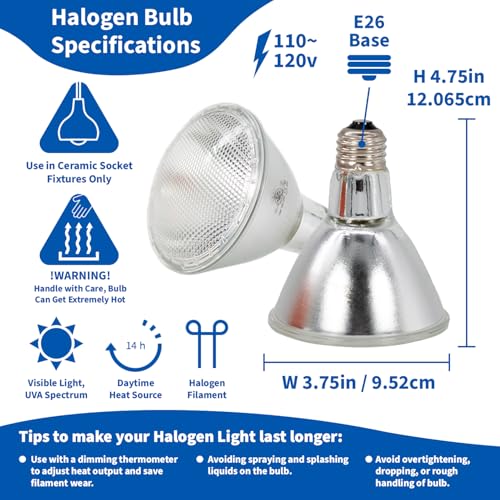 Pangea 75W Halogen Heat Lamp for Reptiles, Warming Infrared UVA Light | Designed for Ceramic Sockets - Reptile Enclosure Heat Lamp for Bearded Dragons, Leopard Geckos, Tortoises, Crested Geckos