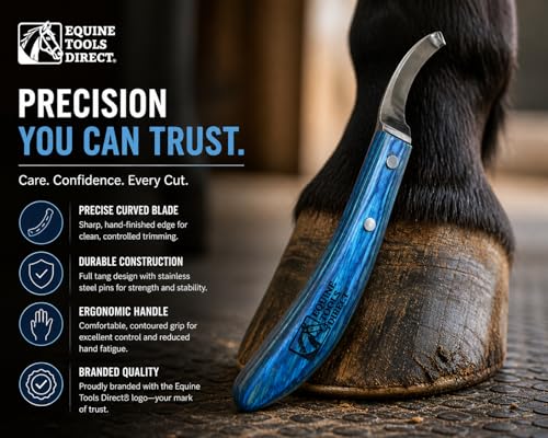 Left-Hand Curved Blade Farrier Hoof Knife, J2 420 Magnetic Stainless Steel Blade, Ergonomic Blue Handle, Horse Hoof Trimming Tool for Sole & Frog Paring - style: Left-Handed