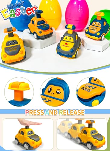 Jumbo 4 Pack 5.8 Inch Easter Eggs Filled with Press and Go Car Easter Toys Surprise Eggs for Kids Boys Toddlers Easter Basket Essential Stuffers Filled Easter Eggs with Toys for Party Favors Gifts - style: Press and Go Car