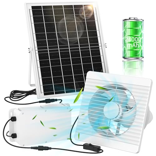 25W Solar Exhaust Fan with Battery for Chicken Coops, Greenhouses & Sheds | 9.8" Solar Powered Fan for Day/Night Use, 3200 RPM High-Speed Low Noise Waterproof Solar Fan for Outdoor, Garages & Pet House - size: 9.8 inches
