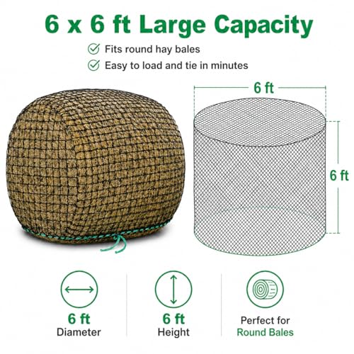 6x6 ft Round Bale Hay Net for Horses & Livestock - Slow Feeder Hay Net with 2 inch Mesh, Knotless Design, Durable Heavy-Duty (6 * 6 ft)