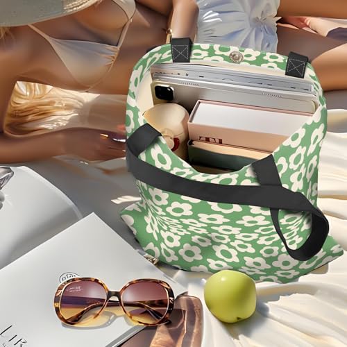 Canvas Tote Bag for Women，Cute Heavy-Duty Shoulder Bag with Zipper Pocket -Travel Tote for Grocery, Gym,Shopping - color: Green Groovy Flower
