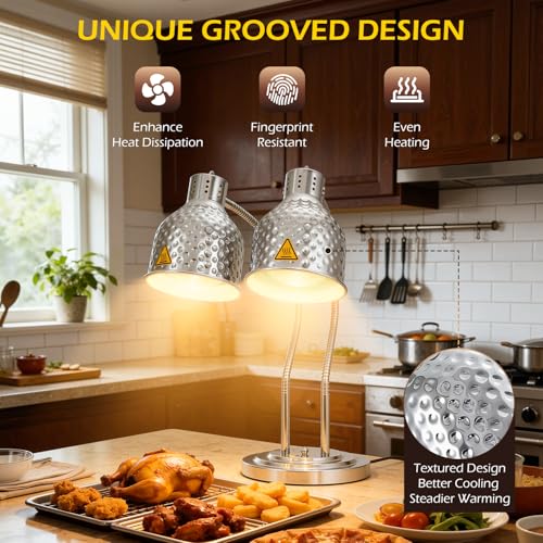Dyna-Living Food Heat Lamp, 2-Head Adjustable Heat Lamp for Food Commercial Electric Food Warmer Lamp Catering Warming Lights for Buffet Parties Restaurant Kitchen, 500W - color: Silver