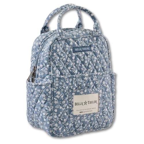 Bella Taylor Lunch Tote, Quilted Lunch Bag, Heritage Blue Floral | Lightweight quilted cotton lunch box, easy-to-clean PEVA lining, 3 outside/1 inside pocket, durable construction - color: Heritage Blue Floral