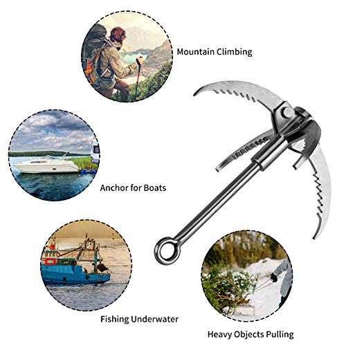 Ant Mag Grappling Hook Stainless Steel Claw Carabiner, 8mm 65ft Black Rope | Auxiliary Rope for Camping, Hiking, Tree Grabbing, Water Lifting, Salvage, Heavy Duty Outdoor Rescue Gear
