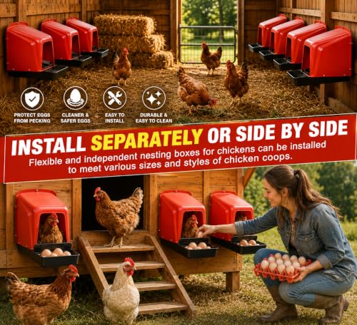 10 Pack Chicken Nesting Boxes with Roll Away Egg Collection, Plastic Chicken Laying Boxes with Covered Egg Catcher & Ventilated Egg Trays, Durable Nest Boxes for Backyard Chicken Coop & Farm, Red - color: Red