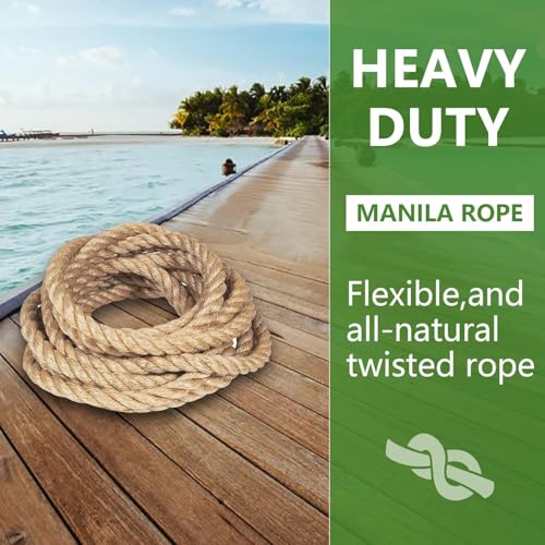 Jute Rope 1 in x 150 ft Thick Twisted Manila Rope Natural Hemp Ropes for Swing Bed, Railing, Crafts, Docks, Tug of War, Decorating, Nautical, Landscaping, Hammock - size: 1inch x 150feet