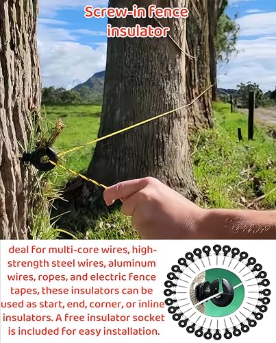 50 Pcs Black Electric Fence Insulator for Animal Husbandry Electronic | Screw-in Ring Design,1 Pcs Free Insulator Socket Tool, for Grid System Accessories Farm Livestock Wood Post Fencing