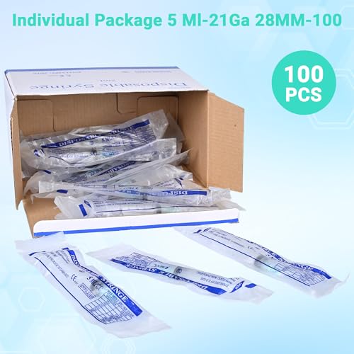 100 Pack 5ml 21Ga 1.5 Inch Industrial Syringes, Plastic Disposable Syringe for Scientific Labs, Liquids Refilling and Measuring - style: 5ml-21G 1.5"