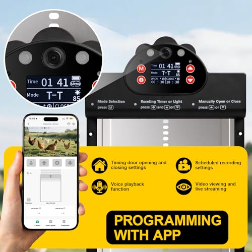 Solar Powered Automatic Chicken Coop Door IP65 with 2K Camera APP Control | App Control, Motion Alarm, 10m Night Vision, 2-Way Audio, IP65 Waterproof, Anti-Pinch Protection, 6-Month Battery