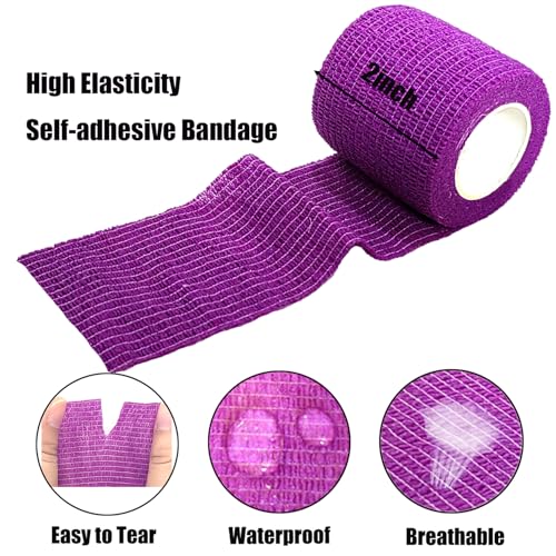 2 Inches Self Adhesive Bandage Wrap Bulk, 6 Pack, Purple | Breathable Self Adhesive Vet Tape for Pets, Stretchy Sports Cohesive Bandage Wrap for Athletic, Wrist and Ankle - color: Purple