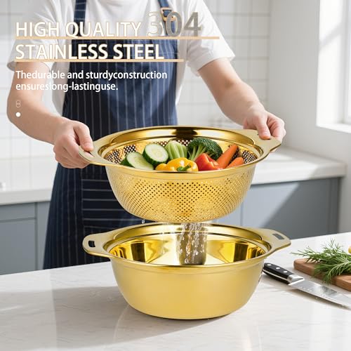 Gulex Colander Stainless Steel 4-quart with Bowls, Strainer Kitchen, Gold - color: Gold, size: 4QT
