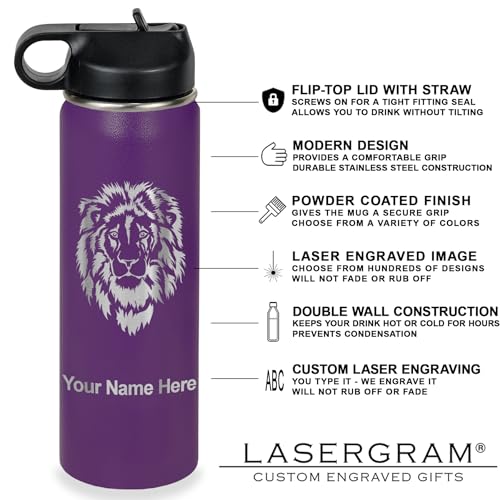 LaserGram Personalized 20oz Water Bottle, Horse (Dark Purple) | Engraved Gift, Vacuum Insulated Stainless Steel, Flip-Top Straw Lid, Laser Engraved With Your Name - color: Dark Purple, size: 20 Ounces