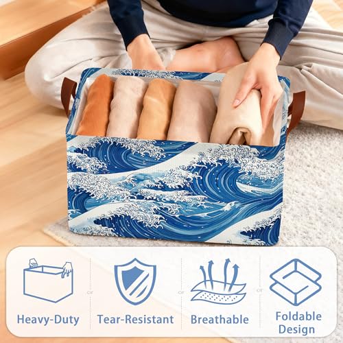 Ocean Wave Storage Baskets,Japanese Foldable Organizer Bin with Handles for Home Living Room Bedroom Closet Box 17x11.5x10Inch - color: Ocean Wave Japanese