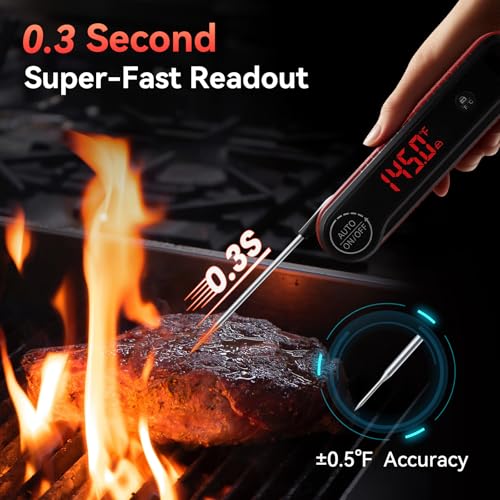 0.3s Instant Read Meat Thermometer, IP67 Waterproof (Red) | Rotating Display, Calibration Function, Ideal for Grill, BBQ, Frying and Kitchen Cooking - color: Red