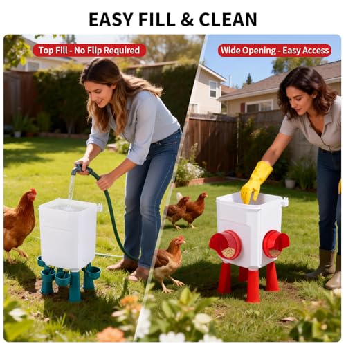 Chicken Feeder and Waterer Set - 2.1 Gal & 17.6 Lbs Automatic Gravity Poultry Kit - No Waste Port Feeder, Leak Proof Hanging Waterer w/Adjustable Legs for Chicks Hens