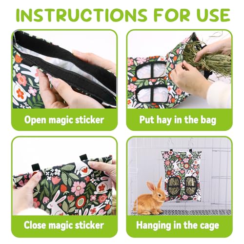 3 Pcs Rabbit Hay Feeder, 2-Hole Hanging Guinea Pig Hay Bags Washable Bunny Hay Bag for Rabbits, Chinchillas, Hamsters, Small Pets and Animals (11.8"×8.7") - color: Green,Yellow,Blue