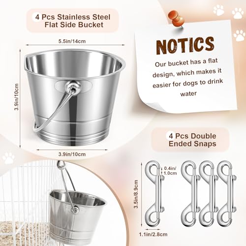 Mumufy 4 Set 1 Quart Stainless Steel Flat Side Bucket Durable Water Pails with Double Ended Snaps Small Metal Bucket Flat Back Water Pails for Dogs Cats Kennels Cages Fences Pet Container - size: 1 Quart