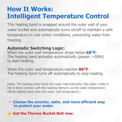 Chicken Waterer Heater Belt 50W, Fits 2-5 Gal Buckets, On<68°F Off>86°F