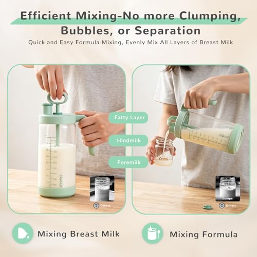 COMI Glass Formula Mixing Pitcher with Easy-Blend Handle Lid, 32oz Leakproof Breast Milk Pitcher with Silicone Protective Sleeve, Designed for the Pitcher Method Breastmilk, BPA Free, Green