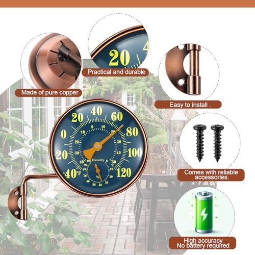 Sabary 4 Inch Outdoor Thermometer and Humidity Gauge 2 in 1 Window Thermometer for Outdoor Temperature and Humidity Monitor, Brass Analog Dial, Battery-Free for Patio Garage Garden Greenhouse Wall
