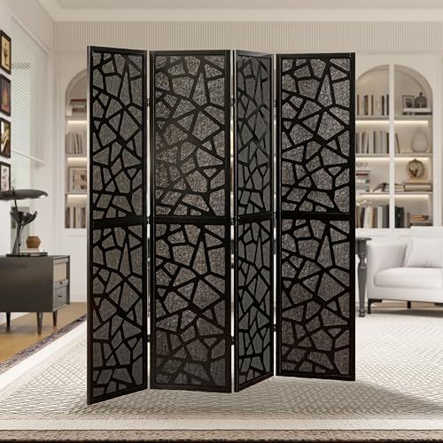 Roundhill Furniture Aurra 4-Panel Wood Room Divider, Folding Portable Partition Screen, Black Screen with Black Frame - color: Black Screen/Black Frame