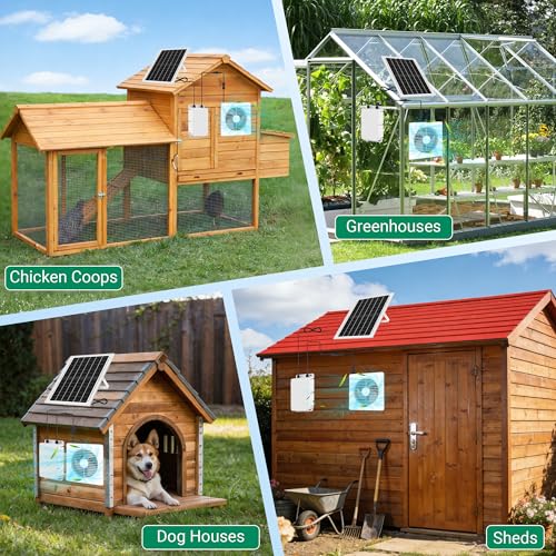 25W Solar Exhaust Fan with Battery for Chicken Coops, Greenhouses & Sheds | 9.8" Solar Powered Fan for Day/Night Use, 3200 RPM High-Speed Low Noise Waterproof Solar Fan for Outdoor, Garages & Pet House - size: 9.8 inches