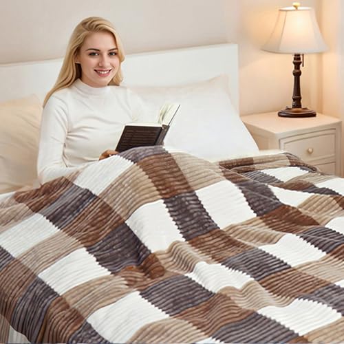 PU MEI Sherpa Blanket Twin Plaid Thick Bed Blanket, 60”*80” Super Soft Flannel Fuzzy Fleece Reversible Velvet Plush Warm Blanket for Couch (Beige Check, 60"*80") - color: Beige Check, size: 60"*80"