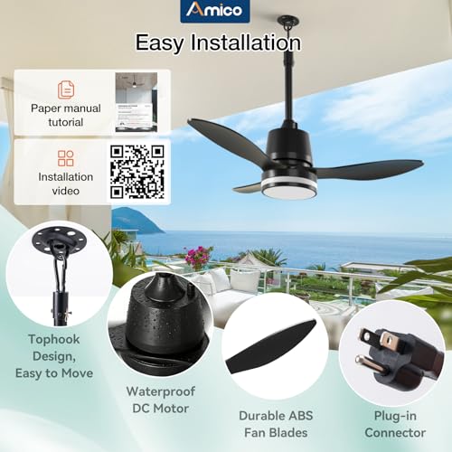 Amico 36" Outdoor Ceiling Fans with Lights, IP65 Waterproof Gazebo Fan | Waterproof, Remote Control, 3000-6000K, 6 Speeds, Hook Hanging Plug in, for Patio Porch Pergola Garage - size: 36 inch Black