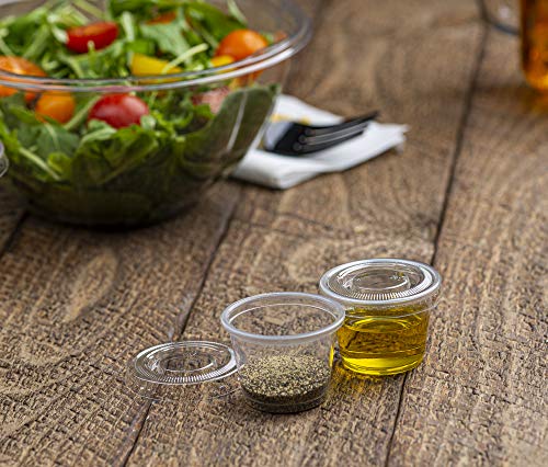 Small Plastic Containers with Lids, 1 Oz Portion Cups, 100 Sets | Mini jello shot & souffle sizes for sauce, dressing, condiments, dips, pills & sampling; airtight leakproof, stackable