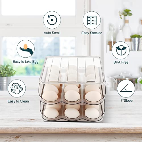 MesRosa Egg Holder for Fridge, Automatic Rolling Container Storage 36 Eggs | Clear Large Capacity Egg Organizer for Refrigerator with Lid, Stackable Dispenser, Tray & Bin, Saving Space -2 Layer - size: 2 Layers Holder 36 Eggs