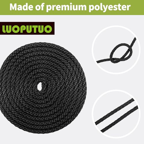 5/16 Inch × 250 FT Black Polyester Solid Braid Rope – UV & Abrasion Resistant, Low Stretch, Multipurpose for Flagpole Halyard, Clothesline, Camping, and Utility Tasks - size: 5/16 In×250 FT