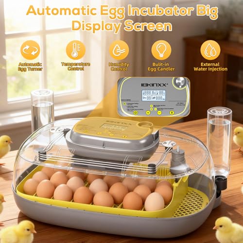 IBKINXX Incubator for Hatching Eggs-24 Egg Capacity, Automatic Egg Turner, Temperature & Humidity Control, 360° Viewing for Chicken, Duck and Quail Eggs (Yellow)