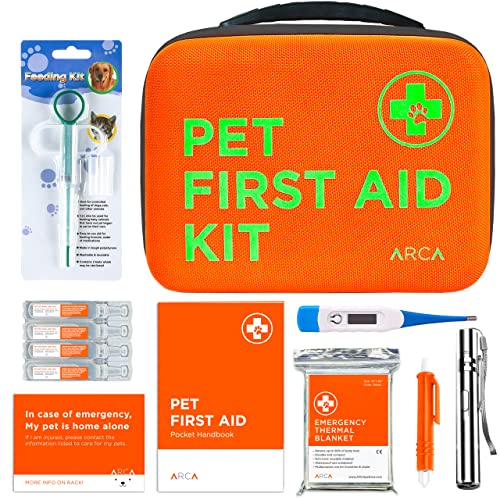 ARCA PET Cat & Dog First Aid Kit - High Visibility Reflective Zipper with Fluorescent Letter Print - 100 pcs with Dog Thermometer, Tick Remover Kit & Pet First Aid Kit Manual Book - size: CarePlus Kit