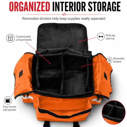 NOVAMEDIC NM-RO63P Professional First Responder Bag, 17” x 9” x 7” Empty EMT Trauma Kit Carrier with Removable Dividers, Reflective Strips, Water-Resistant Base for Emergency Medical Supplies (Orange) - color: Orange