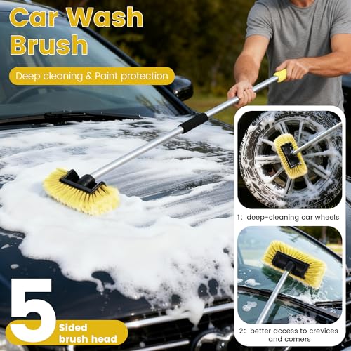 Car Wash Brush with Long Handle, 60'' Soft Bristle Cleaning Brush, Car Cleaning Brushes, Carwash Brushes for SUV, RV, Boat, Truck, House Siding, Sweep Snow, Yellow - color: Yellow