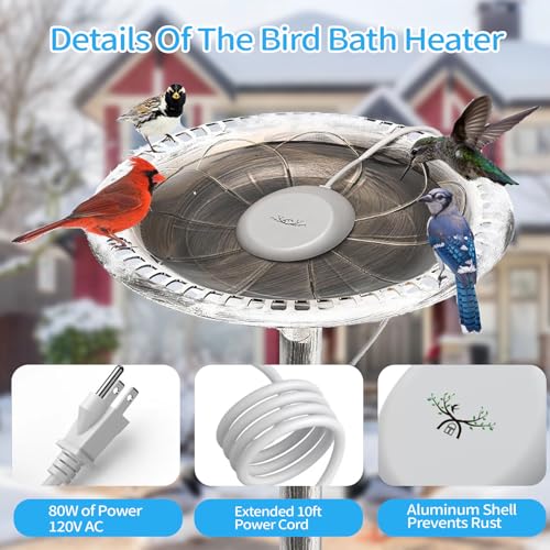 Bird Bath Heaters for Outdoors in Winter, Upgrade 10ft Cord 80w Birdbath Water Heater for Thermostatically Control, Bird Bath Pond Deicer Full-Covered Aluminum for Heated Chicken Duck Farm Trough