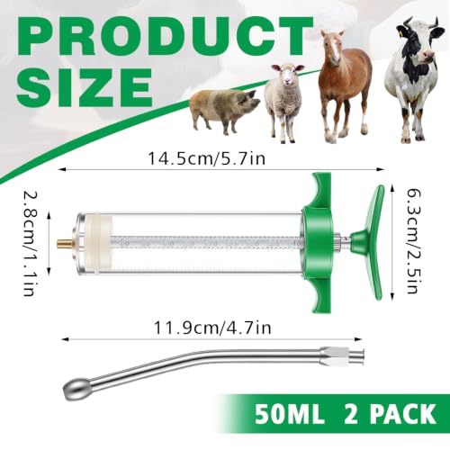 Threlaco 50ml 2 Pcs Drench Gun for Goats, Sheep & Cattle, Green | Reusable Large Goat Drench Syringe, Adjustable Veterinary Medicine Feeding Syringe, Continuous Dosing for Livestock, Horse - color: Green, size: 50ml