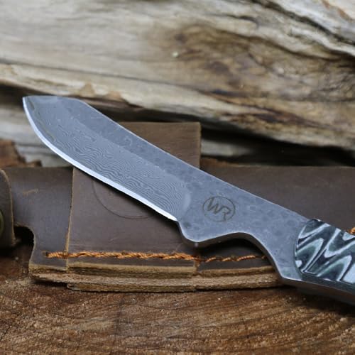 WHISKEY BENT HAT CO. Sendero Caper 440 Stainless Steel Fixed Blade Knife w/Leather Sheath (Brown Fang - Damascus Blade) - color: Brown Fang - Damascus Blade