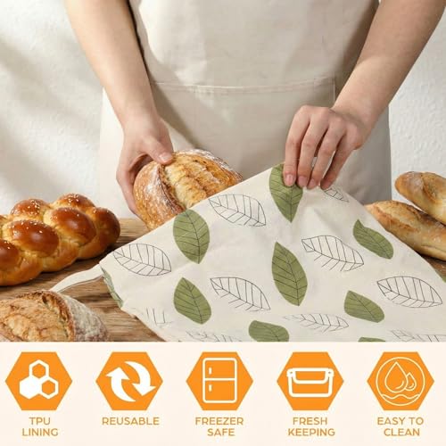 Tallew 3 Pack Beeswax Bread Bags for Sourdough Homemade Bread, Large 17x13 Inch Reusable TPU lining Beeswax Storage Bags with Sealing Zip Keep Fresh Freezer (Leaf Style) - style: Leaf Style