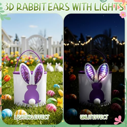 Honeydak 4 Pcs Lighted Easter Baskets for Kids Bunny Easter Egg Hunt Bags Canvas Tote Gift Bags Egg Buckets with Handles for Eggs Hunt, Toys, Candy, Gifts Party Favors(Paillette Rabbit Ear) - style: Paillette Bunny Ear
